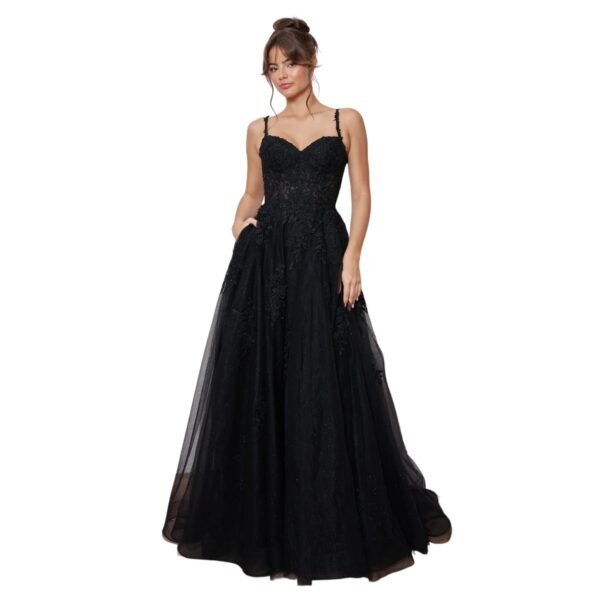 Women's Lace Applique Tulle Corset Formal Dress with Pockets Black
