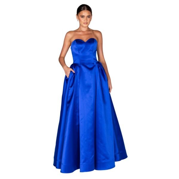 Women's Strapless Satin A-Line Formal Dress with Pockets - Royal Blue