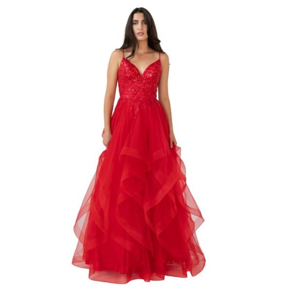 Women's V-Neck Beaded Tiered Tulle Formal Dress Red